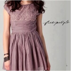 Free People Rose Garden Eyelet Dress Sz 4 Pleated Smocked Dusty Moch Purple $138